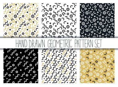 Vektör Dikişsiz desen set. Soyut geometrik şekiller ve çizgiler ile arka planlar. 80s 90s memphis tarzı tasarım koleksiyonu. Duvar kağıdı, kumaş tasarım, kumaş, kağıt, kapak, tekstil.