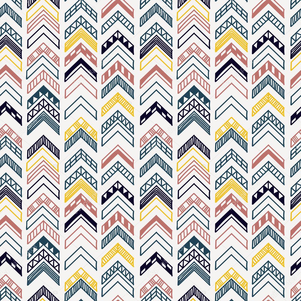 Abstract geometric seamless hand drawn pattern with tribal motifs. Modern texture. Colorful free hand background.