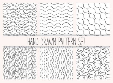 Vektör sorunsuz dalgalı bir çizgi deseni kümesi. Grafik dokular. Elle çizilmiş arka planlar. Minimalist arka planında. Tek renkli desenli çizgiler.