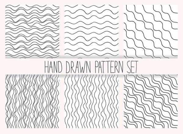 Vektör sorunsuz dalgalı bir çizgi deseni kümesi. Grafik dokular. Elle çizilmiş arka planlar. Minimalist arka planında. Tek renkli desenli çizgiler.
