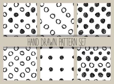 Vektör sorunsuz daireler ve nokta deseni ayarlayın. Grafik dokular. Elle çizilmiş arka planlar. Minimalist arka planında. Tek renkli desenler balmumu kalem çizimleri ile.