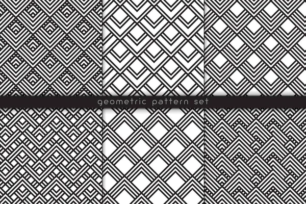 Conjunto de patrón sin costura vectorial. Fondos geométricos abstractos con motivos en zigzag. Fondo de pantalla, diseño de tela, tela, papel, cubierta, textil. Conjunto de textura repetible lineal monocromática . — Archivo Imágenes Vectoriales