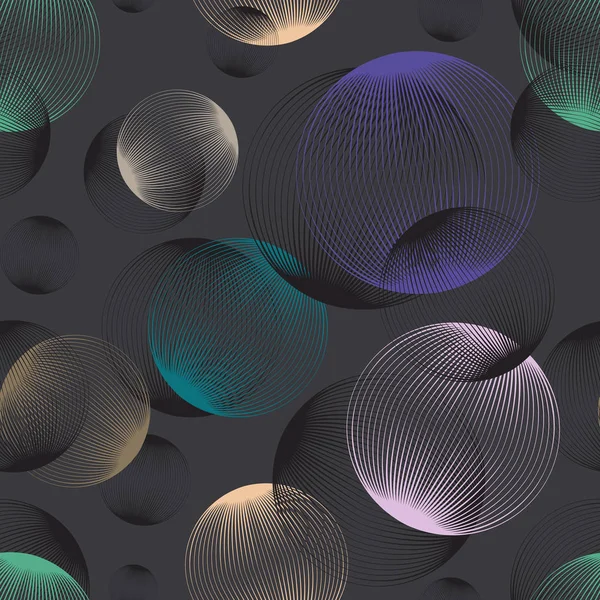 Esferas lineares abstratas padrão sem costura. Design moderno repetível colorido com bolhas. Círculos geométricos fundo . — Vetor de Stock