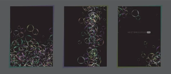 抽象的なカラフルな背景。ポスター。透明なカラフルな泡と暗い色の背景。空スペースと最小限の現実的な soap bubblrs 背景. — ストックベクタ