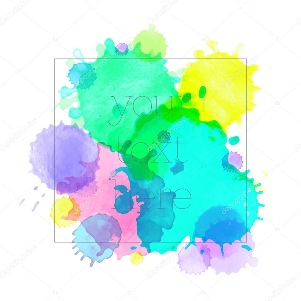 artistic backdrop with square shape frame, vector with hand drawn watercolor look blots, watercolor look background with colorful painted stains in splash shape