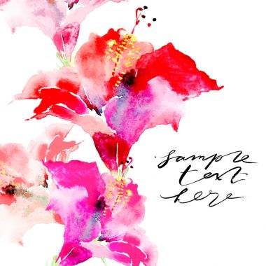 El sanatsal arka plan kopya alanı ile çekilmiş. Botanik motif el tarafından. Arka plan, tebrik kartları, posterlerini açmaları, posterler ve afiş için suluboya hibiscus çiçek. Vektör çizim.