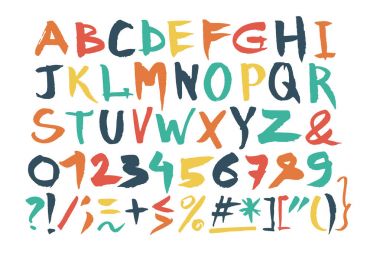 Elle çizilmiş yazı tipi. El yazısıyla yazılan alfabe fırça tarzı. Modern komut dosyasında vektör. El yapımı sanatsal harfler. Fırça kalem yazı, renkli harfler ve işaretleri.