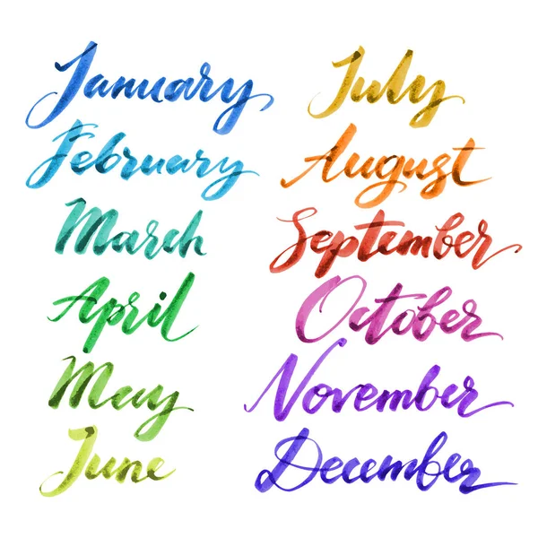 Months of the year by hand. Hand drawn creative calligraphy and brush pen lettering by watercolor, design for posters, cards, and invitations. — Stock Vector