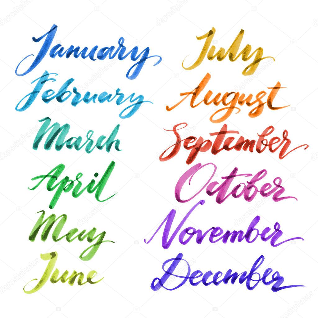 Months of the year by hand. Hand drawn creative calligraphy and brush pen lettering by watercolor, design for posters, cards, and invitations.