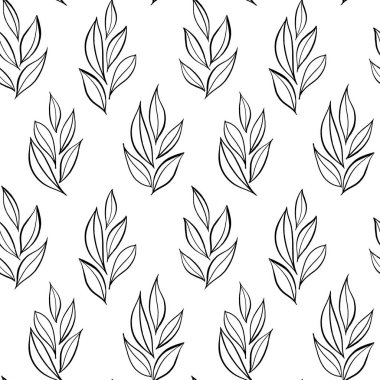 Çizilmiş basit yaprakları, botanik desen ver. Sorunsuz Vektör Lineer çiçek desenli. Vektör tek renkli arka plan.