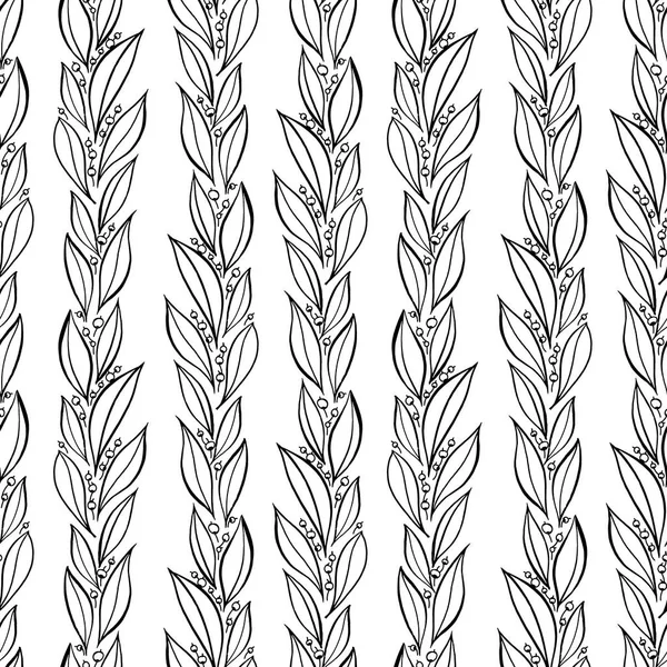 손으로 그린된 간단한 나뭇잎, 식물 패턴. 원활한 벡터 선형 꽃 패턴입니다. 벡터 단색 배경. — 스톡 벡터