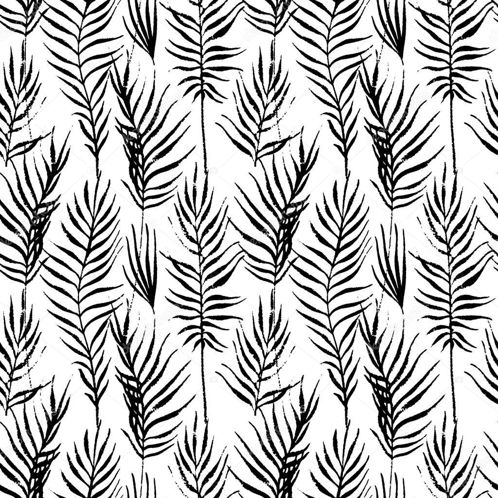 Tropical leaves, jungle pattern. Seamless, detailed, botanical pattern. Vector background. Palm leaves.