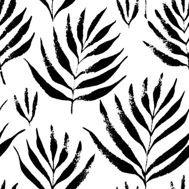 Tropikal yaprak, orman desen. Dikişsiz, el çekilmiş, botanik desen. Vektör arka plan.