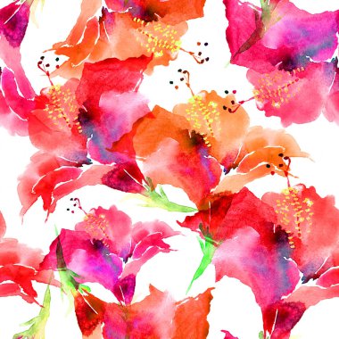 El sanatsal arka plan kırmızı hibiscus çiçek ile çekilmiş. Botanik motif el tarafından. Seamless modeli. Suluboya hibiscus çiçek arka plan, tebrik kartları, posterlerini açmaları, posterler ve afiş için.