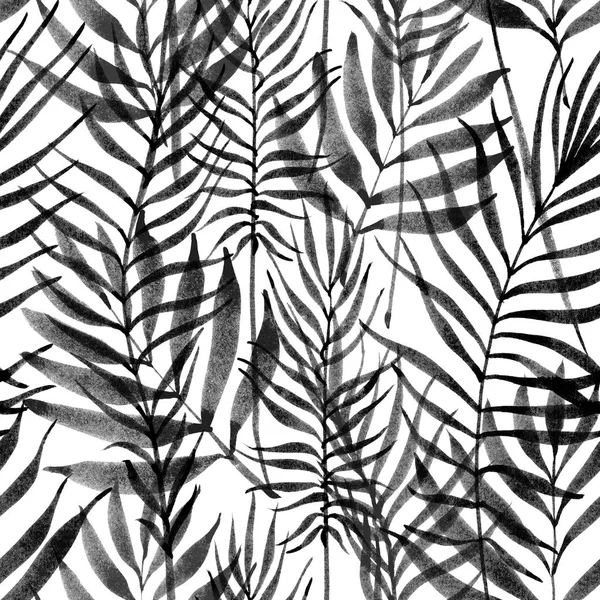 Тропические листья, узоры джунглей. Бесшовный ботанический рисунок чернильной кисти. Акварель монохромный фон. Пальмовые листья . — стоковое фото