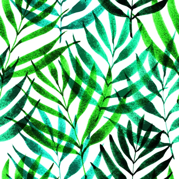 Foglie tropicali, schema della giungla. Modello botanico pennello inchiostro senza soluzione di continuità. Acquerello sfondo colore verde. Foglie di palma . — Foto Stock