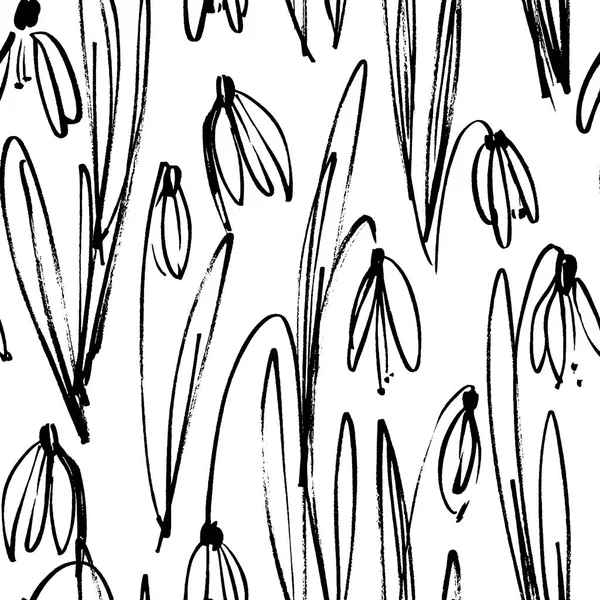 Modello vettoriale senza soluzione di continuità con inchiostro disegno bucaneve, erbe e fiori, illustrazione botanica artistica monocromatica, sfondo floreale disegnato a mano illustrazione . — Vettoriale Stock