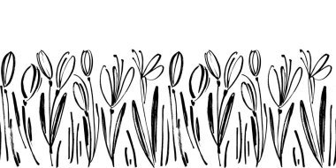 Sorunsuz sınır mürekkeple çizim laleler, tek renkli sanatsal botanik illüstrasyon, izole çiçek öğeleri, elle çizilmiş yinelenebilir illüstrasyon vektör.