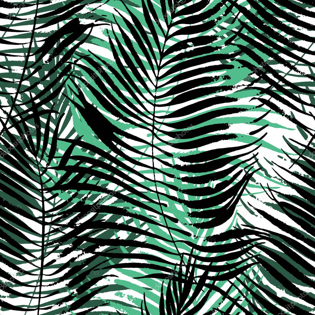 Tropical leaves, jungle pattern. Seamless botanical pattern. Vector background. Palm leaves.