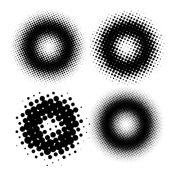 Conjunto de puntos de medio tono vector círculo formas. Formas punteadas abstractas de punteado. Monocromo gradiente semitono círculo conjunto . — Vector de stock