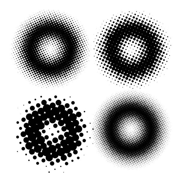 Set of halftone dots vector circle shapes. Abstract dotted stippling shapes. Monochrome halftone gradient circle set.