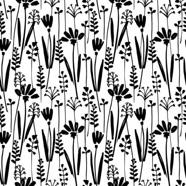 Mürekkep çizim vahşi bitkiler, otlar ve çiçekler, çiçek öğeleri, tek renkli botanik illüstrasyon vektör seamless modeli çizilmiş yinelenebilir arka plan ver. Sanatsal zemin.