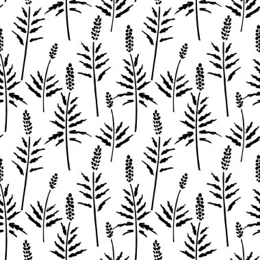 Mürekkep çizim vahşi bitkiler, otlar, tek renkli botanik illüstrasyon, çiçek öğeleri, vektör seamless modeli çizilmiş yinelenebilir arka plan ver. Sanatsal zemin.