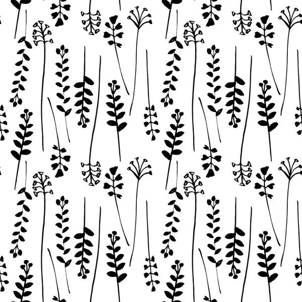 Padrão sem costura vetorial de tinta desenhando plantas silvestres, ervas, ilustração botânica monocromática, elementos florais, fundo repetível desenhado à mão. Cenário artístico . —  Vetores de Stock