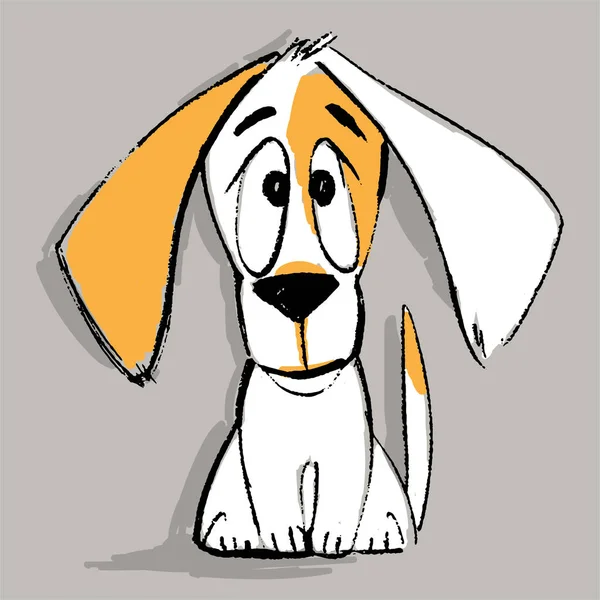 Caráter filhote de cachorro no vector. Engraçado desenho animado pequeno animal de estimação. Ilustração vetorial. Bonito cachorrinho sentado isolado no fundo cinza . —  Vetores de Stock