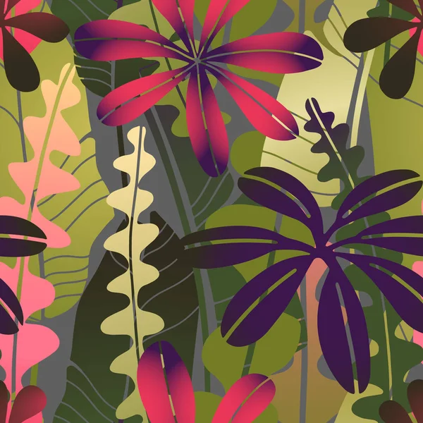 Patrón sin costura vectorial con hojas tropicales dibujadas brillantes varias formas y colores. Fondo de pantalla botánico plano minimalista, telón de fondo floral repetible moderno . — Vector de stock