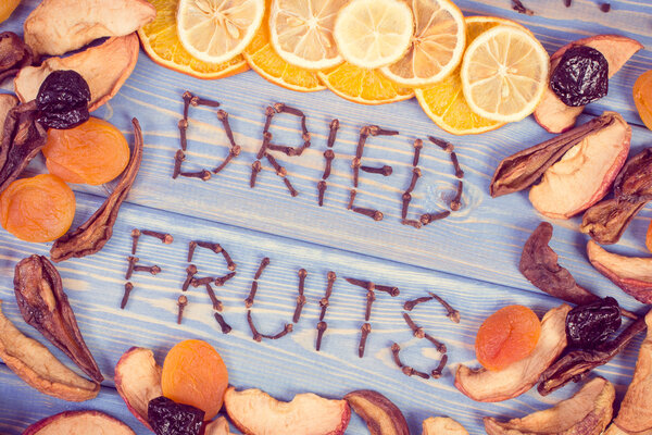 Vintage photo, Frame of ingredients for preparing compote of dried fruits, healthy nutrition