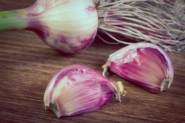 Vintage photo, Whole garlic with roots and cloves on wooden table