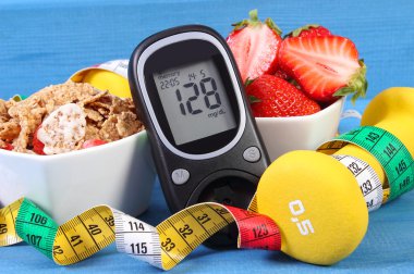 Şeker şeker seviyesi, sağlıklı gıda, halter ve santimetre, diyabet, sağlıklı ve sportif yaşam tarzı ile ölçüm