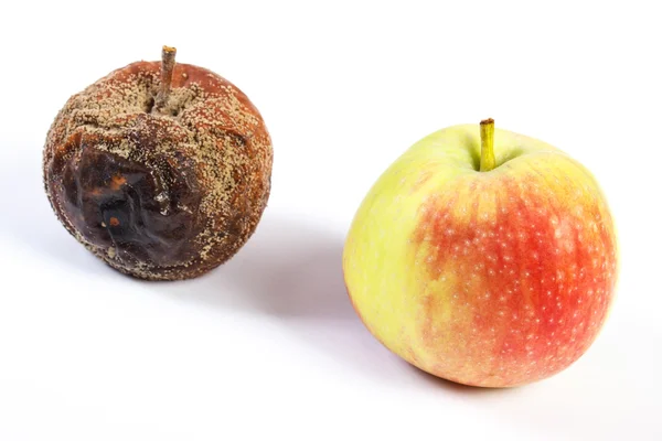 Старое морщинистое и свежее яблоко на белом фоне — стоковое фото