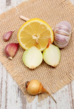 Fresh onion, garlic and lemon, healthy nutrition and strengthening immunity