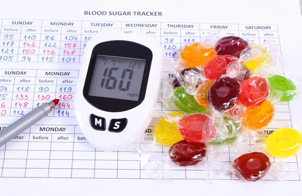 Glucometer, pen and candies on medical form, measuring sugar level — ストック写真