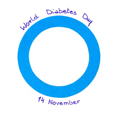 Kağıt beyaz arka plan, Dünya Diyabet Günü sembolü üzerinde mavi daire