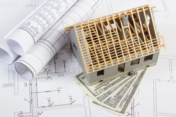 House under construction, currencies dollar and electrical drawings, concept of building home — Stock Photo, Image