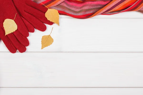 Panolarda kadın için eldiven ve şal çerçevesi, sonbahar veya kış için giyim — Stok fotoğraf