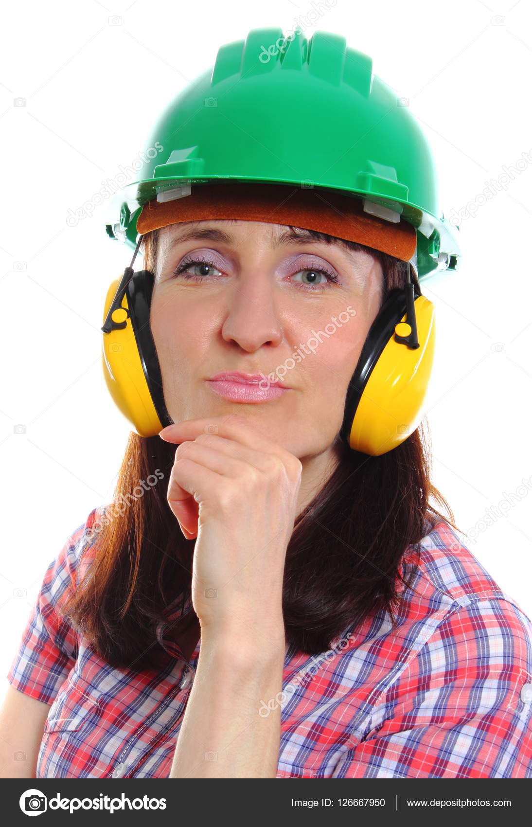 Woman wearing protective helmet and headphones Stock Photo by ©ratmaner