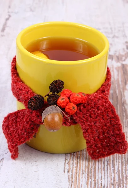 Xícara de chá quente com cachecol de lã envolto de limão, bebida de aquecimento para gripe, decoração de outono Fotografia De Stock