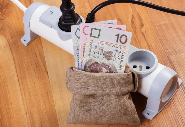 Electrical extension with connected plug and polish currency money, energy costs — Stock Photo, Image