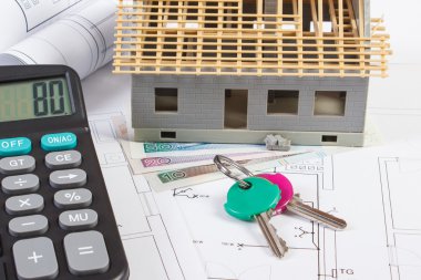Evin altında inşaat, tuşları, hesap makinesi, Polonya para birimi ve elektrik çizimler, bina ev kavramı