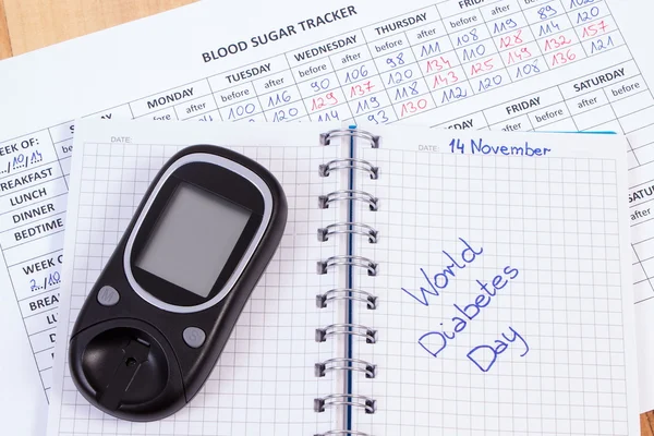 World diabetes day in notebook, results of measurement of sugar — Stock Photo, Image