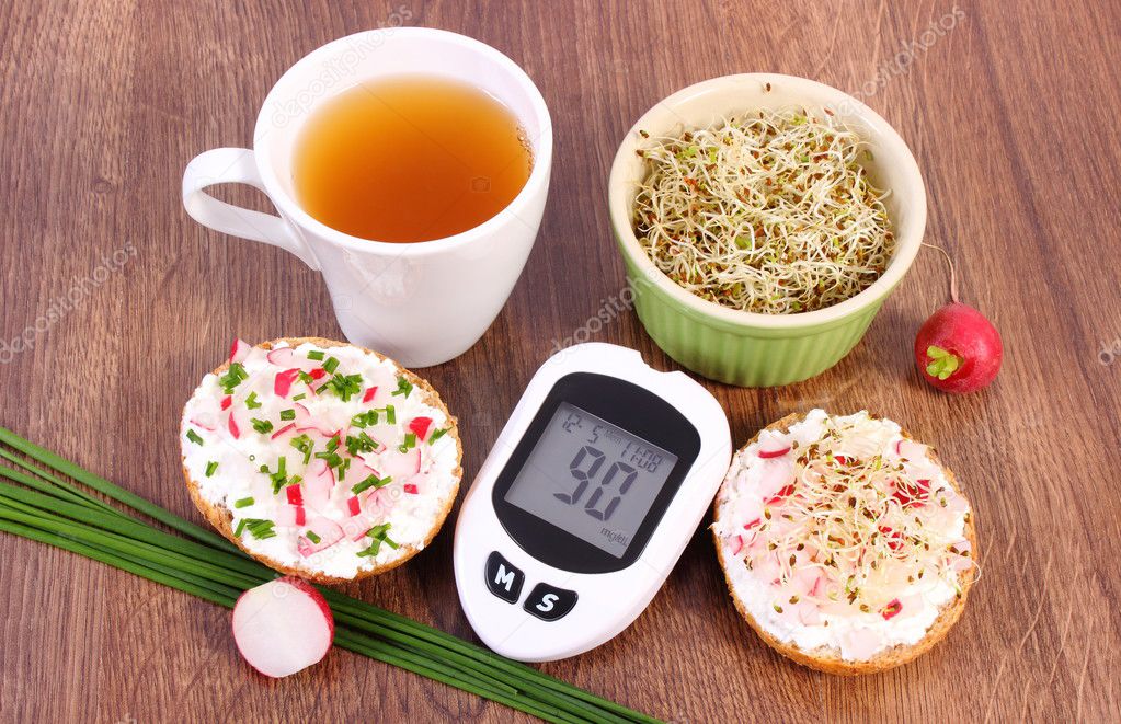 Glucometer, freshly sandwich with vegetables and hot tea, healthy nutrition