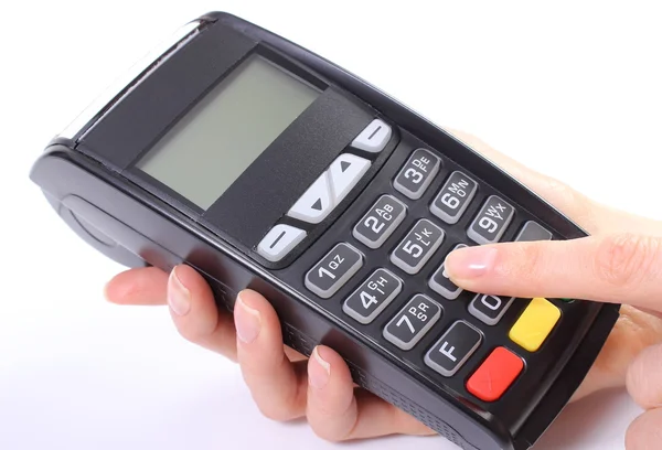 Using payment terminal, enter personal identification number — Stock Photo, Image