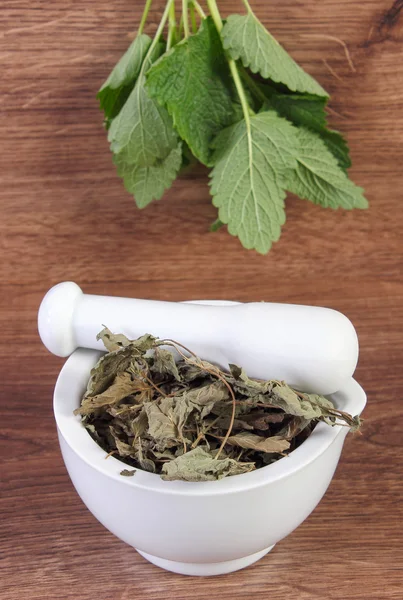 Fresh green and dried lemon balm in mortar, herbalism, alternative medicine — Stock Photo, Image