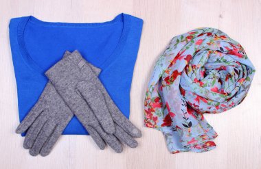 Ahşap arka plan için sonbahar ya da kış giyim, kadınsı kıyafetler