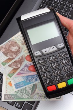 El kullanarak ödeme terminal, kadının Polonya para birimi para üstünde laptop