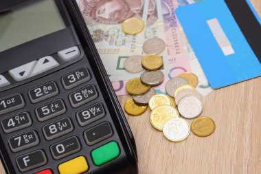 Ödeme kredi kartı ve Lehçe para üstünde okul sırası, ekonomi kavramı ile terminal